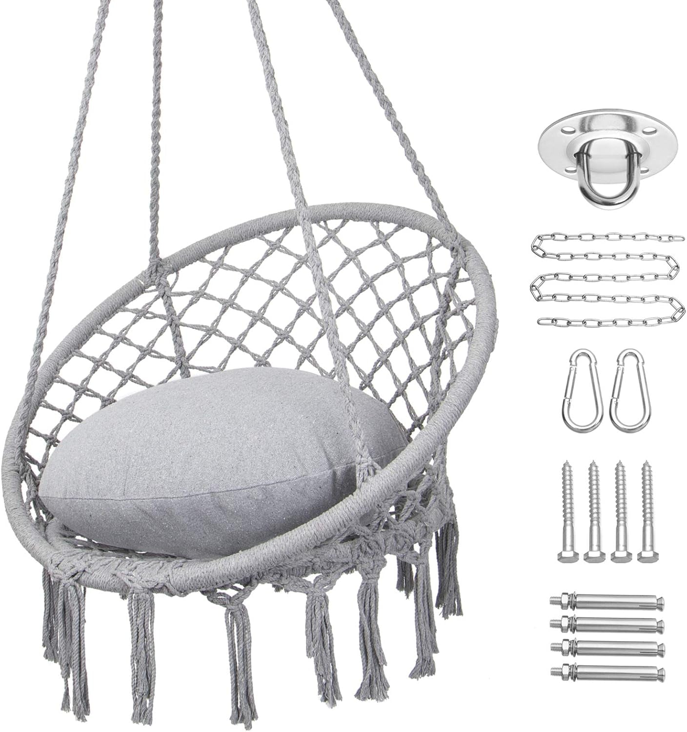 Y-STOP Macrame Hammock Chair Swing, Supports Up to 330 lbs, Indoor and Outdoor Hanging Cotton Rope Chair in Light Grey