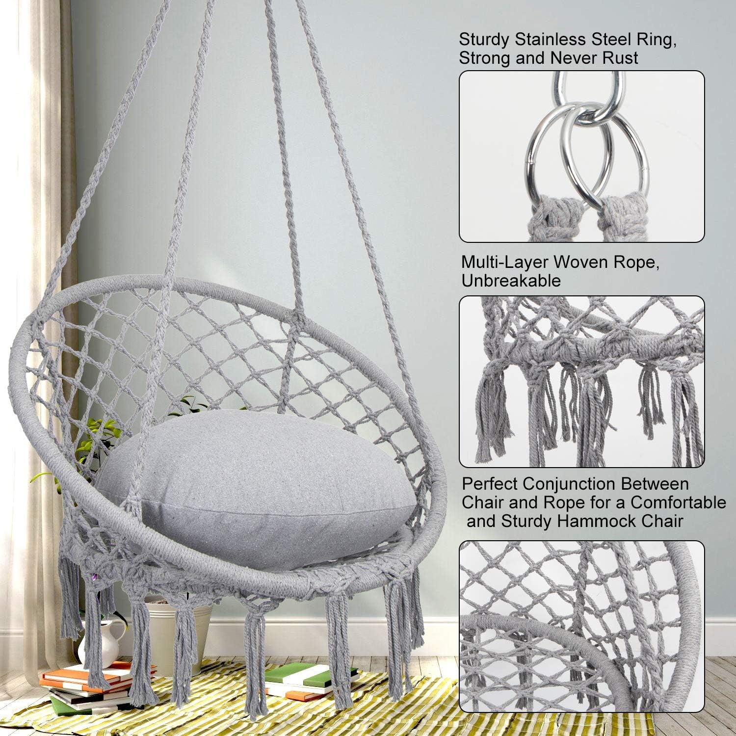 Y-STOP Macrame Hammock Chair Swing, Supports Up to 330 lbs, Indoor and Outdoor Hanging Cotton Rope Chair in Light Grey