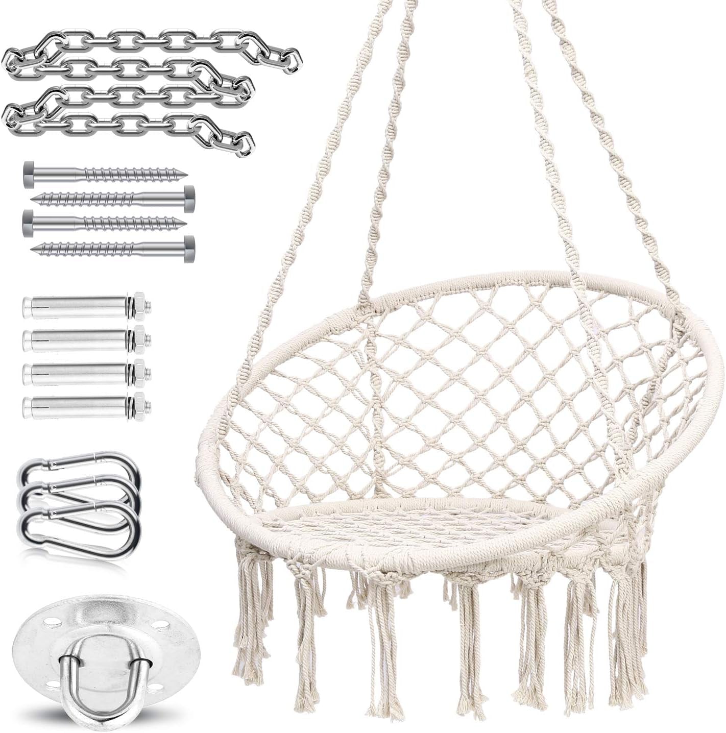 Hammock Chair Macrame Swing with Hanging Hardware Kit, Hanging Cotton Rope Macrame Hammock Swing Chairs, Girl Birthday Day Gift Idea (Circle, 31.5)