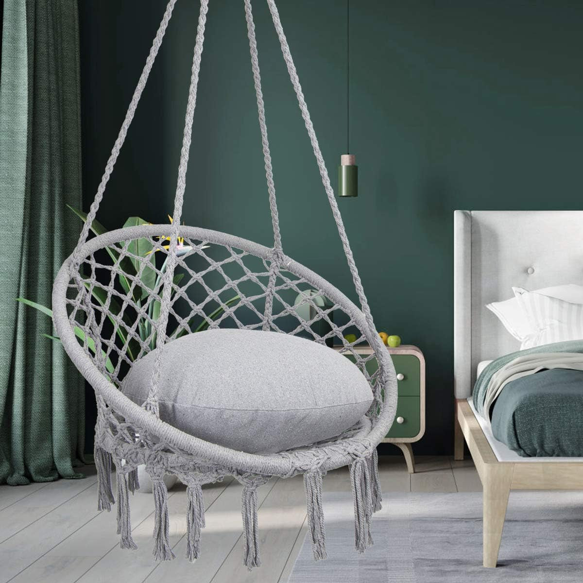 Y-STOP Macrame Hammock Chair Swing, Supports Up to 330 lbs, Indoor and Outdoor Hanging Cotton Rope Chair in Light Grey