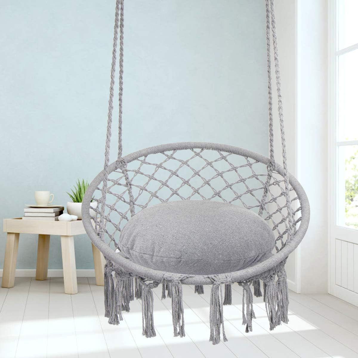 Y-STOP Macrame Hammock Chair Swing, Supports Up to 330 lbs, Indoor and Outdoor Hanging Cotton Rope Chair in Light Grey