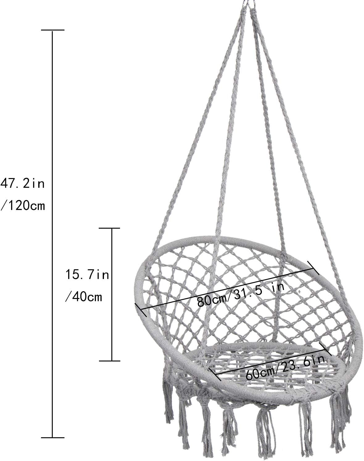 Y-STOP Macrame Hammock Chair Swing, Supports Up to 330 lbs, Indoor and Outdoor Hanging Cotton Rope Chair in Light Grey